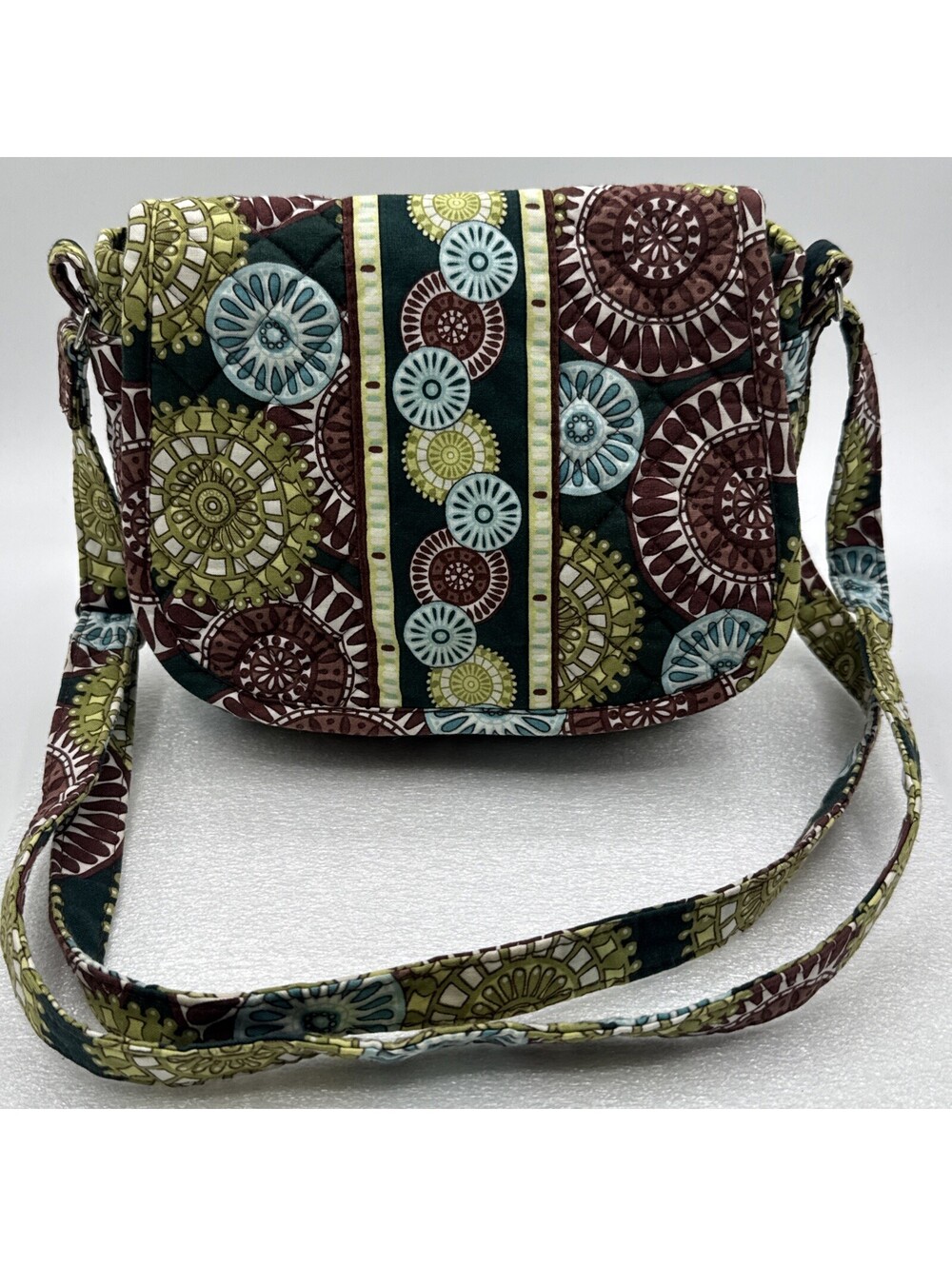 Stephanie Dawn Quilted Crossbody Medallion Pattern Green Brown Blue 7x9x3” Nice!